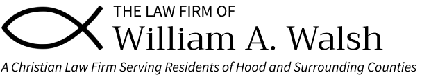 white logo of William A. Walsh Attorney, grandbury tx